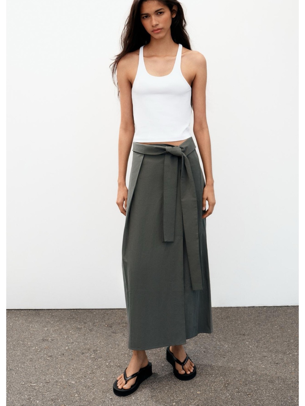 NWT ZARA Tie-Waist Midi Skirt in Dark Grey Size XSmall